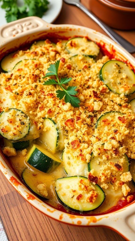 A baked zucchini casserole with melted cheese and breadcrumbs, garnished with parsley, on a rustic table.